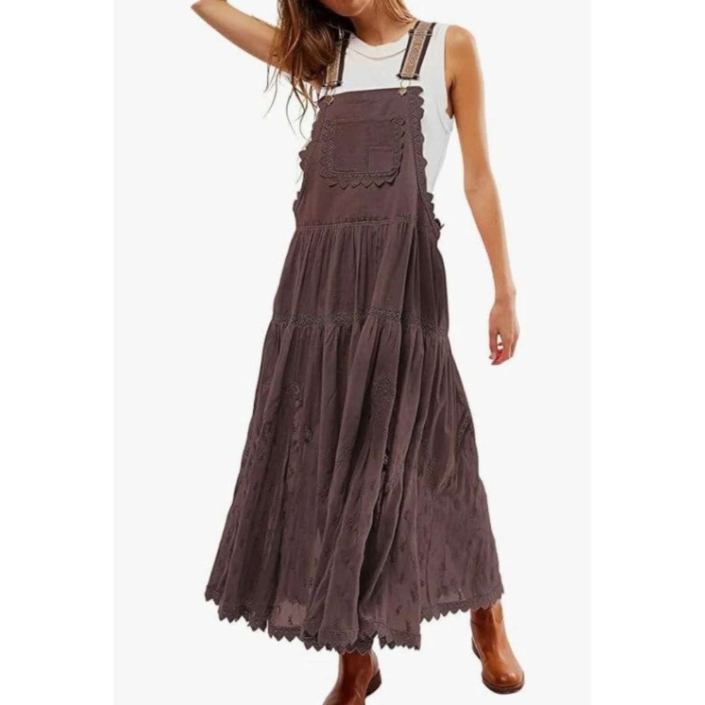 Ebossy Womens Pinafore Overall Dress Tiered Crochet Lace Embroidered Brown L New